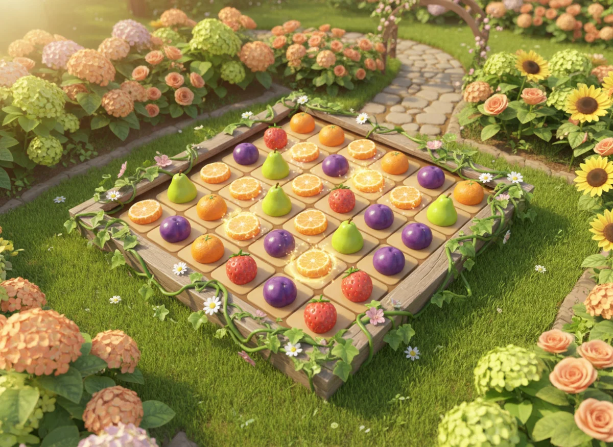 Grove Plot match-3 board with fruits and flowers